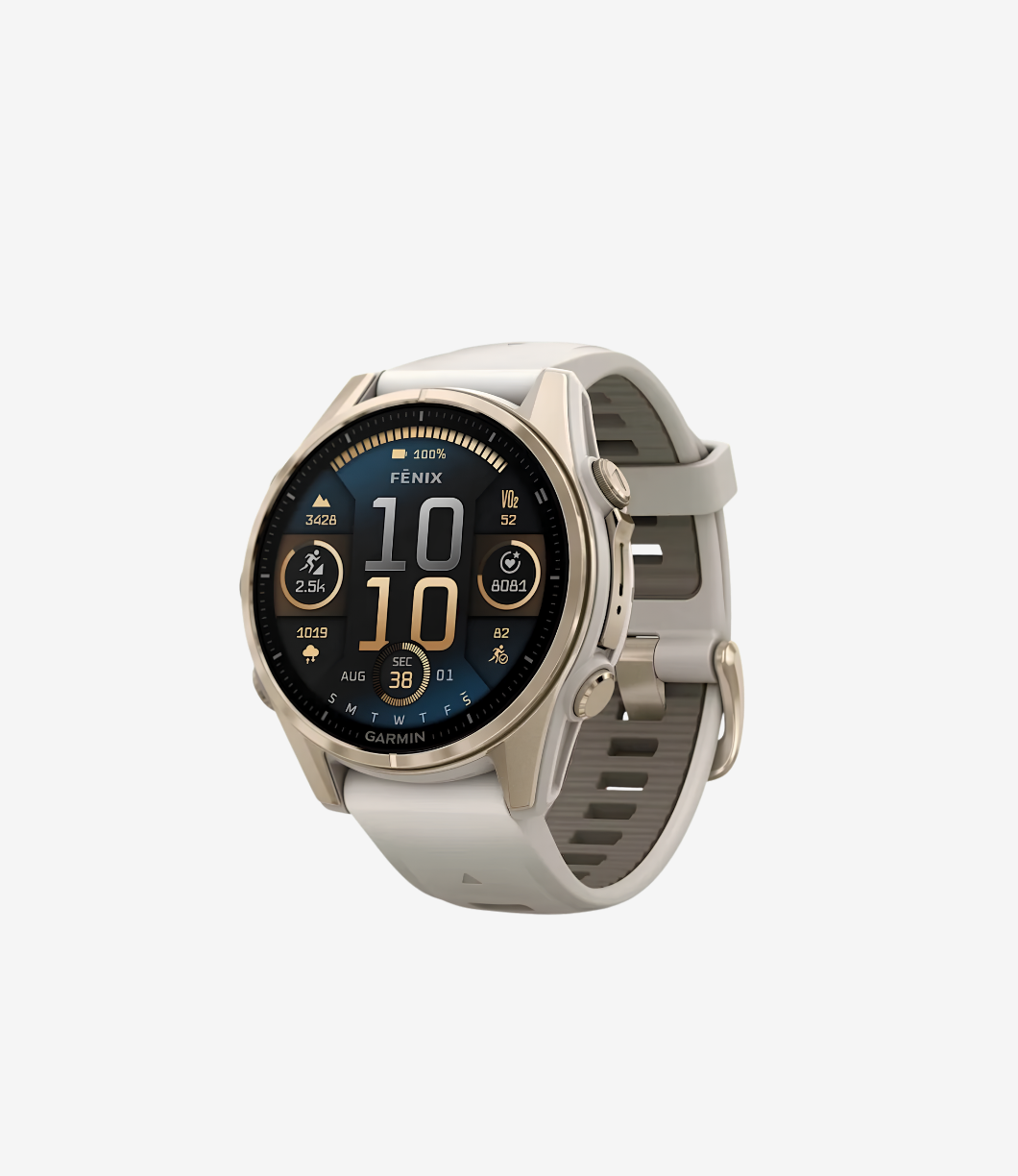 Fenix 8 - 43 mm, AMOLED - Sapphire, Soft Gold ve Gri/Kum Taşı Silikon Kayışlı