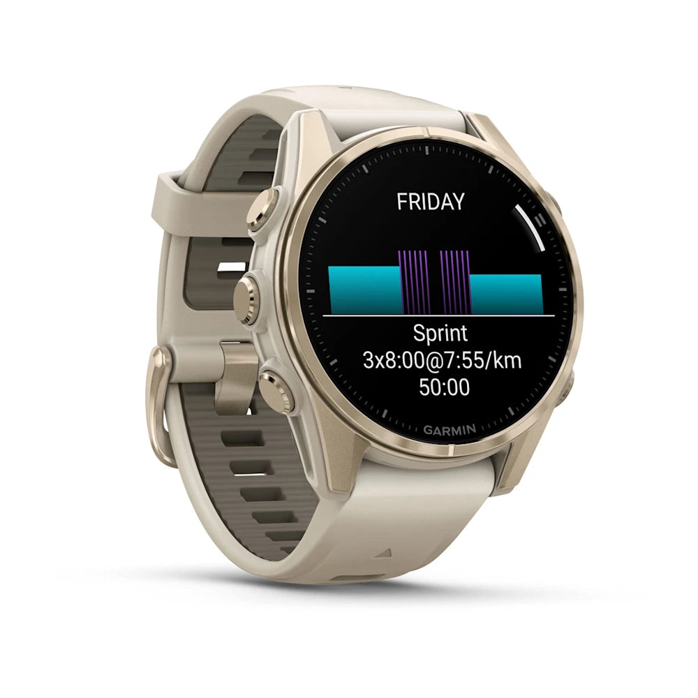 Fenix 8 - 43 mm, AMOLED - Sapphire, Soft Gold ve Gri/Kum Taşı Silikon Kayışlı