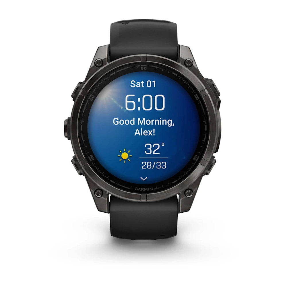 Fenix 8 - 47 mm, AMOLED Sapphire, Karbon Gri DLC Titanyum, Siyah/Gri Kayışlı